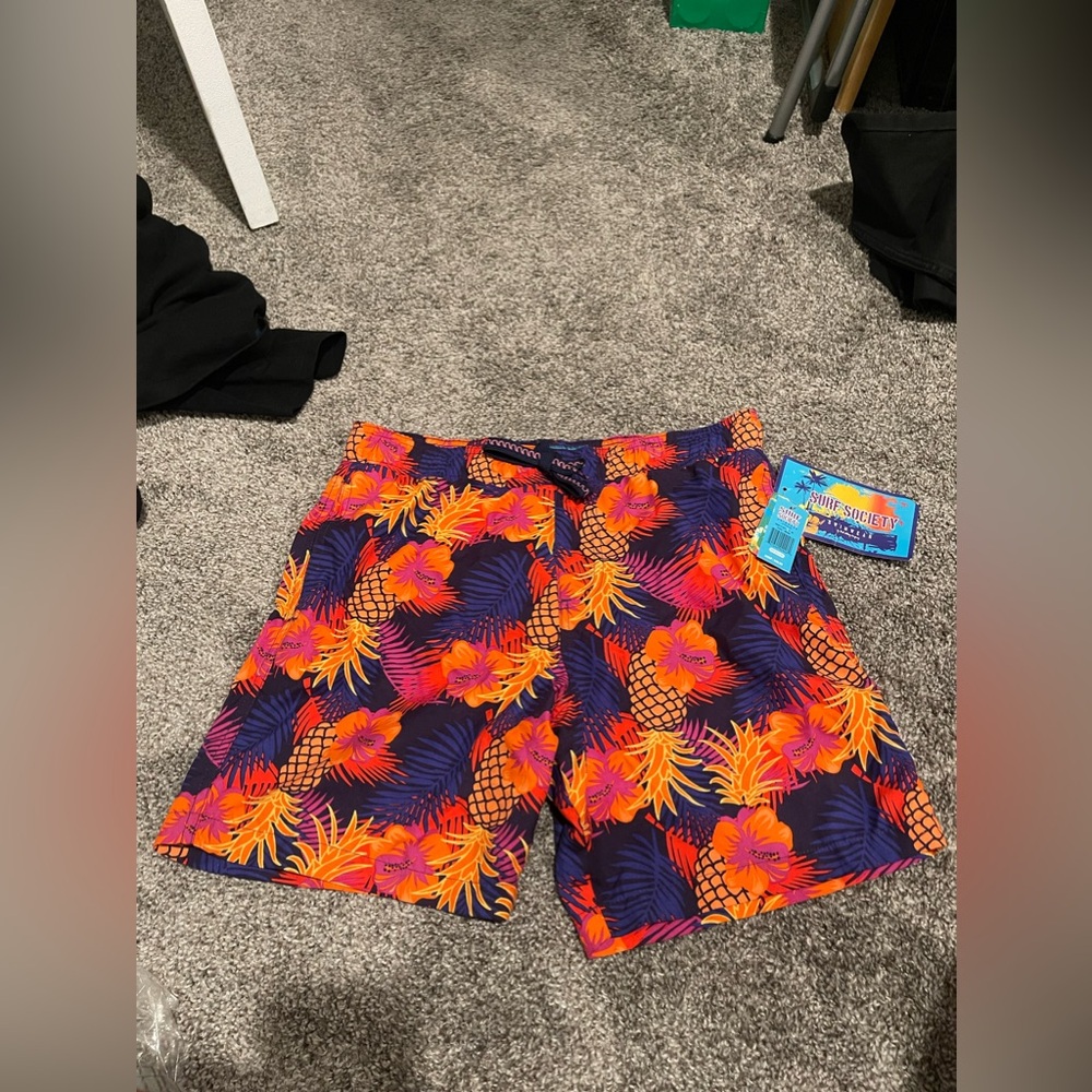 Surf Society Neon Floral Tropical Leaf Beach Shorts Pool Swim Trunks Men’s
